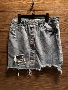 YMI Light Blue Distressed Button-Front Denim Mini Skirt